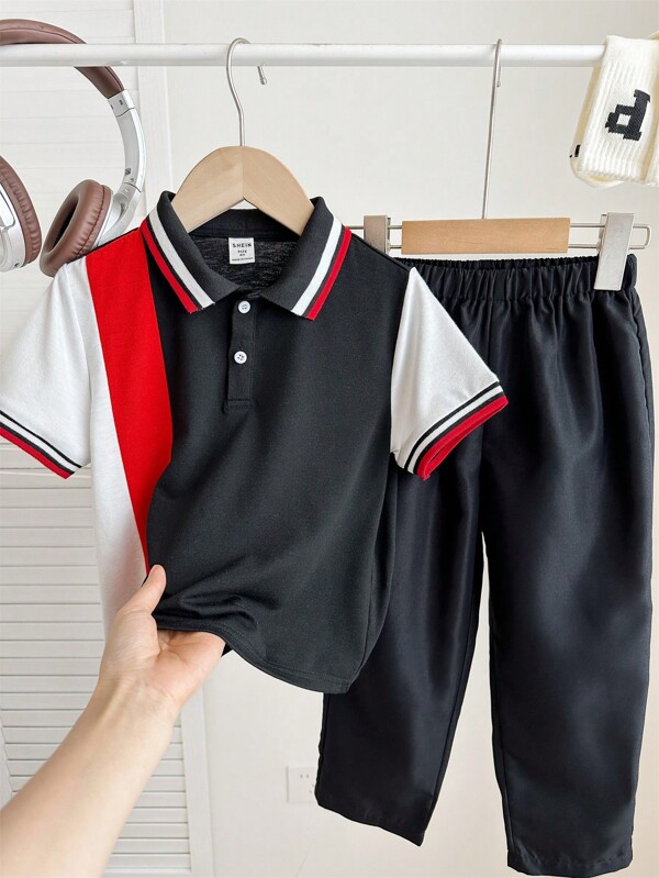 Young Boy Casual Patchwork Contrast Color Polo Shirt With Collar And Slim Fit Pants Set, Suitable For Autumn, Spring, Summer, Outdoor Play, School, Street Style, Party And Home Leisure