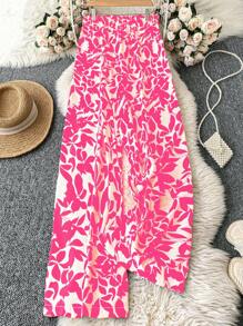 SHEIN DreamScene Court Retro Plus Size Women's Valentine's Day Allover Print Woven Wide Leg Pants, Regular Fit Casual Trousers, Summer, Rave, Spring Break, Boho Fall Cloth For Women - Hot Pink - View 2
