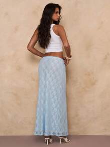 SHEIN BAE Váy ren hoa cạp thấp cho nữ, thanh lịch - Màu xanh lam - Xem 2