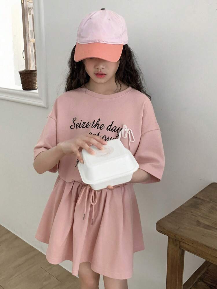 Tween Girl Slogan Print Dropped Shoulder T-Shirt And Casual Mini Skirt 2 Pieces Set,Girls Summer Outfits,Back To School Clothes