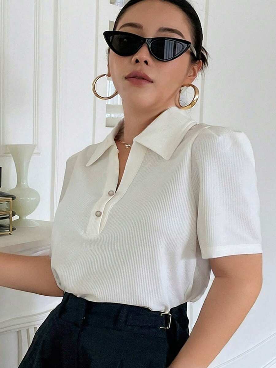 Dazy Plus Solid Color Polo Collar Short Sleeve Regular Fit White Summer T-Shirt Women Summer Sets,Business Casual Women