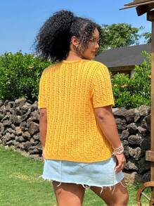 SHEIN EZwear Women's Plus Size Knitted Fabric Top, Casual Short Sleeve Round Neck Button Front Semi-Sheer Cable Knit Top In Yellow - Yellow - View 2