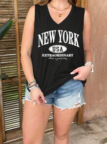 SHEIN LUNE 加大码心形和“纽约”印花宽松无袖女式背心，适合夏季