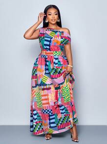 SOLERSUN Plus Size Spring And Summer Fashion Elegant Commuting Casual Slanted Shoulders Short Sleeves Large Skirt Waist Art Street Seaside Vacation Date Travel Female Model - Multicolor - View 4