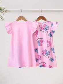 2 件套女婴彩色卡通独角兽图案大号睡袍睡衣夏季父亲节礼物小狗夏季沙滩夏装睡衣睡裙 - 粉色 - 查看 2