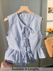 SHEIN PETITE CURVE Plus Size Women Striped Front Tie Ruffle Hem Sleeveless Blouse - Blue and White - View 6