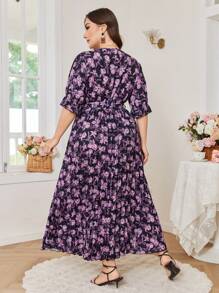 Modelyn Vestido Longo Elegante de Estampa Floral Plus Size Feminino - Roxo - Visão 2