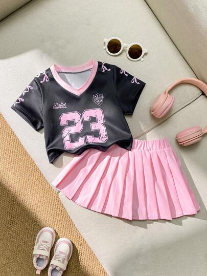 SHEIN Playful Pals 2pcs/Set Baby Girl Sports Casual Fashion V-Neck Jersey Top And Puff Skirt Outfit Suit, 0-3 Years Old, Spring/Summer