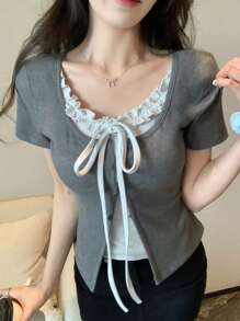DAZY Women's Summer 2 In 1 Ruffled Bowknot Short Sleeve T-Shirt