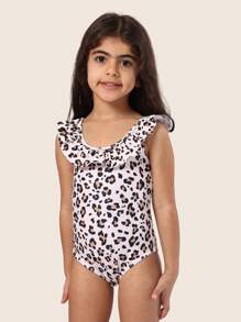 SUMWON 豹纹荷叶边露肩连体泳衣 女孩沙滩泳池夏季度假泳装 运动泳衣 休闲 - 彩色 - 查看 1