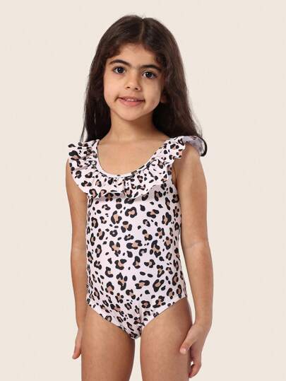  SUMWON Leopard Print Ruffle Shoulder One Piece Swimsuit Girls Beach Swimming Pool Summer Vacation Holiday Bathing Suit Athletic Swimwear Casual