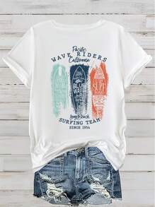 Calvaya Plus Size California West Coast Surfer, Surf Team, Vintage Surfboard Design, Women's Casual Round Neck Short Sleeve T-Shirt, Suitable For Summer - White - View 2