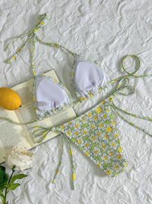 Swim Mod 2pcs/Set Women Summer Beach Vacation Style Random Floral Print Cute Bowknot Decor Swimwear Set - Multicolor - View 2