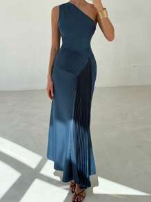 Firerie Women's Elegant Refined Romantic Date Party Prom Resort Asymmetrical Ruffled Hem One Shoulder Long Dress, Dark Green - Dark Green - View 2