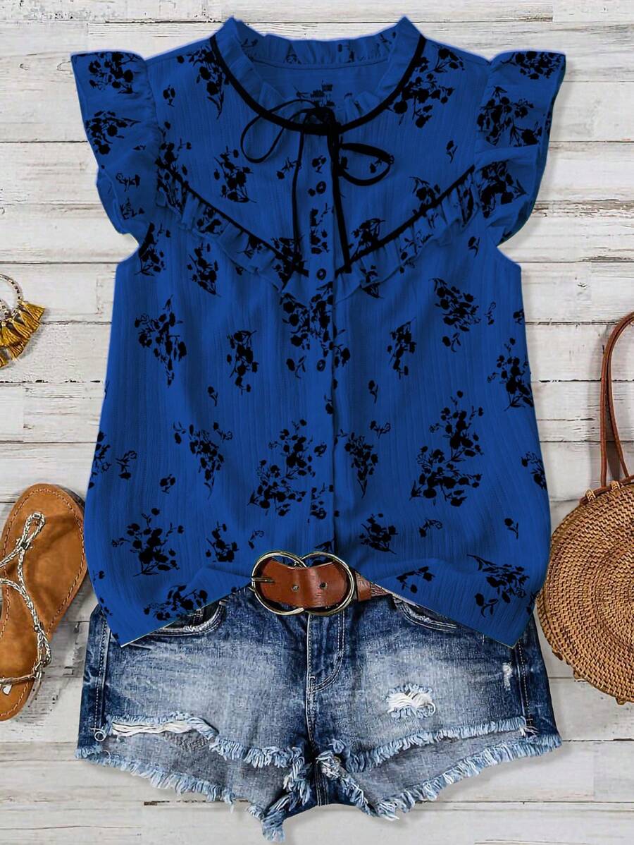 Linhara 大码女士灯笼袖休闲夏季衬衫 - 藏蓝色 - 查看 1