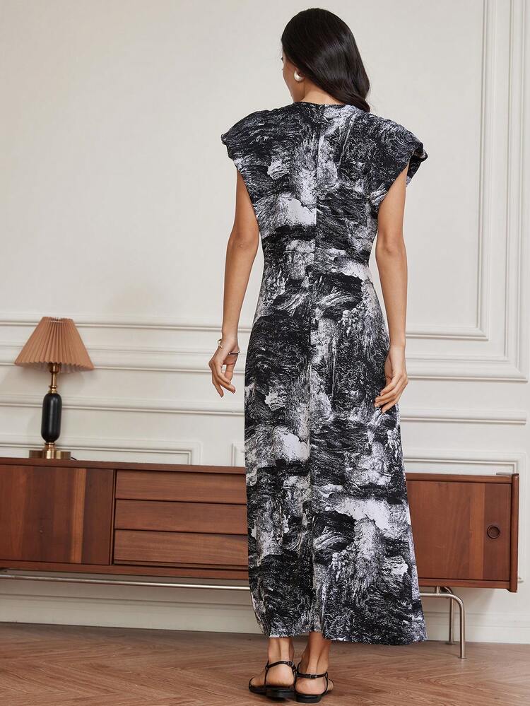 Elegant V-Neck Tie-Dye Print Chiffon Long Dress With Ruffled Hem, Casual Commuter Style, Summer Business Casual Woman