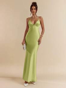 SHEIN BAE Vestido de satén estilo sirena con escote en V profundo, sin mangas, con parte trasera descubierta y detalle de lazo para mujer, en color albaricoque/blanco. Vestido elegante, ideal para vacaciones, dama de honor, cumpleaños, graduación, vestido blanco. - Verde Oliva - Ver 3