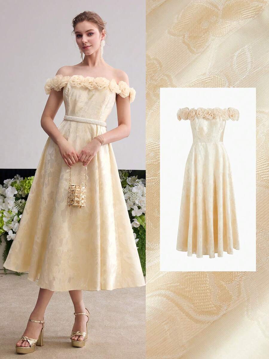 MOTF Soiréza WOMEN'S 3D FLORAL OFF SHOULDER COCKTAIL DRESS - Yellow - View 1