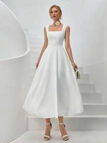 CLARA VERO Vestido largo de mujer de unicolor, tejido, para primavera y verano, vacaciones y días festivos, vestido camisa con tirantes, escote en V bajo, falda con abertura lateral y volumen
