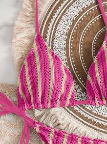 Swim Vcay 3pcs/Set Bohemian Style Crochet Fabric Drawstring Swimsuit Cover Up Bikini Set For Summer Beach Vacation