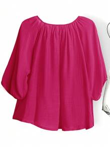 EMERY ROSE Camisa/top de manga corta y cuello redondo de unicolor para mujer de talla grande, de moda para el verano - Rosa Fucsia - Ver 2