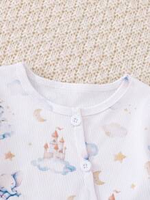 Set de 3 piezas de pijama informal y cómodo para recién nacidos con estampado de elefante, castillo, nubes y luna, de manga larga y pantalones - Multicolor - Ver 4