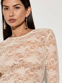 AiiRZ Sheer Lace Fitted Round Neck Thumb Hole Top Black - Baby Pink - View 8