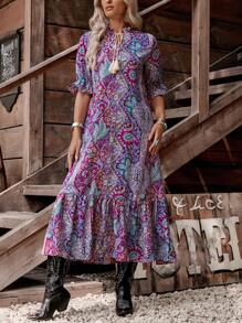 LanaWest Women's Bohemian Style Printed Mid-Sleeve Dress,Ladies Boho Fringe,Ruffle Hem Half Sleeve Tie Neck Loose Long Multicolor Flounce Sleeve All Over Print,Paisley Smock Women Long Dresses,Spring/Fall,Casual Daily Wear Maxi Women Outfit - Multicolor - View 4