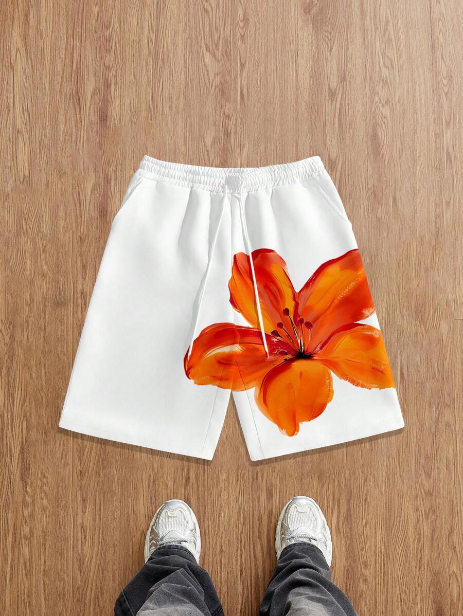 Manfinity Joysei Men's Casual Loose Floral Print Drawstring Waist Crop Pants - White - View 1