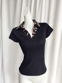 Selianne Rafferiza 女士休闲通勤优雅商务休闲度假舒适成熟优雅约会学院风性感老钱风格 V 领性感豹纹拼接二合一黑色罗纹面料高弹修身春夏短袖 T 恤 - 黑色 - 查看 8