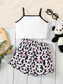 SHEIN 2 件套年轻女孩可爱卡通熊猫印花细肩带背心和短裤休闲睡衣套装，夏季 - 黑與白 - 查看 2