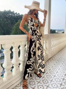 SHEIN VCAY Mono amplio de pierna ancha tejido con estampado para mujeres