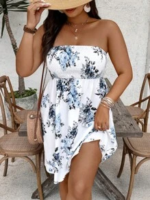 SHEIN VCAY 大码花卉印花抹胸连衣裙，休闲度假装 - 彩色 - 查看 5