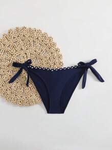 SHEIN Swim Quần Bikini Màu Trơn Cao Cấp Màu Xanh Dương Cho Nữ, Hàng Mới Về Mùa Hè - Màu xanh hải quân - Xem 5
