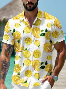 Manfinity RSRT Fashionable Casual Holiday Style Lemon Fruit Digital Printing Pattern Regular Fit Men's Short Sleeve Shirt, Suitable For Summer Outdoor, Vacation, Dating, Parties, Essential Matching Item, Couple, Ideal Gift For Boyfriend