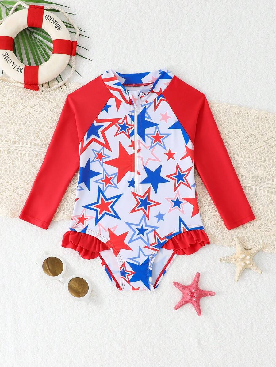 SHEIN Toddler Girl Star Print Long Sleeve Zipper One-Piece Swimsuit, Cute Ruffle Raglan Sleeve Sun Protection Swimwear - Multicolor - View 1