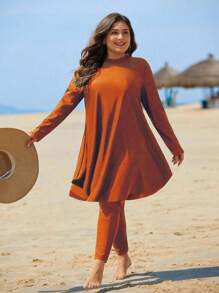 Swim Mulvari Plus Size Women Long Sleeve Solid Color Split Tankini For Summer Beach Vacation - Coffee Brown - View 6