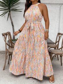 SHEIN VCAY Plus Size Paisley Print Ruffle Hem Belted Halter Dress, Mother Day Outfit, Vacation Outfits Woman, Rave Outfit, Western Wear Women Plus,Maxi Dress - Multicolor - View 4