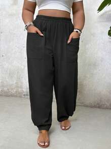 SHEIN CURVE+ Pantaloni casual alla caviglia con tasche, taglie forti, abiti estivi per vacanze al mare/città/campagna, abbigliamento da spiaggia - nero - Visualizzare 3