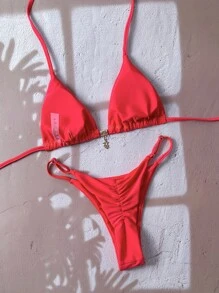 Swim Vcay Women Summer Solid Color Metal Pendant Halter Bikini Set, Sexy Thong Swimwear - Red - View 2