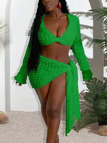 Slaydiva 2025 Summer New Music Festival, Easter, Western, Nomadic, St. Patrick's Day, Birthday Party, Graduation, Student Wear, Daily Casual, Vacation, Cruise Travel, Beach, Sunbathing, Fashionable White Women 2pcs Set With Tie Strap Texture Curvy Two Piece Set Green Two Piece Set Resort Wear Curve Beach Skirt Set Curve Swimsuit Cover Up