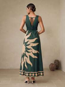 SHEIN Swim 女式优雅休闲太阳贴花印花长款连衣裙 - 綠色 - 查看 3