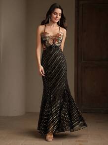Heavy Embroidered Butterfly Chiffon Jacquard A-Line Dress - Black - View 3