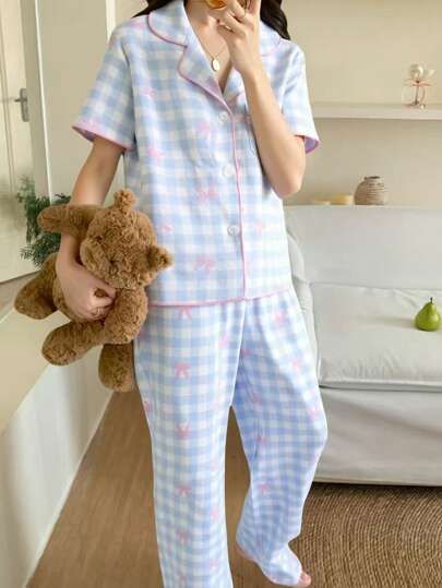 SHEIN 两件套少女杏色可爱樱桃印花宽松长裤和短袖上衣，休闲舒适家居服