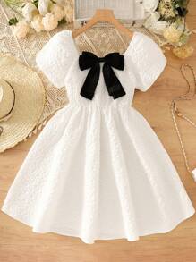 SHEIN Teen Girl Elegant White Summer Jacquard Black Bowknot Midi Dress, Suitable For Party, Wedding Guest, Graduation, Birthday, Commute And Bridesmaid - Black and White - View 3