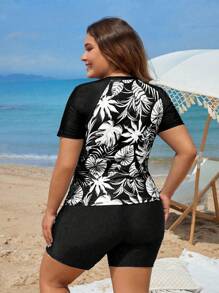 Swim Lushoire Plus Size Women's Random Print Raglan Sleeve Tankini Set For Summer Beach Vacation - Black and White - View 2