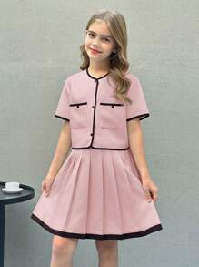 SHEIN Nova Glow Tween 女童梭织拼色短袖上衣和褶皱迷你裙优雅两件套 - 淺粉色 - 查看 5