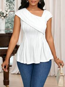 SHEIN Lady Camiseta feminina de cor sólida com babados e decote assimétrico - Branco - Ver 6
