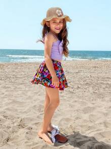 SHEIN 2pcs/Set Young Girls Sweet Bowknot Decor Crop Top And Ditsy Floral Shorts Sets - Purple - View 3