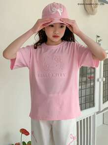 HELLO KITTY | DAZY 青少年女孩秋季服装圆领针织合作钢印短袖T恤，适合青少年女孩，返校服装 - 粉色 - 查看 1